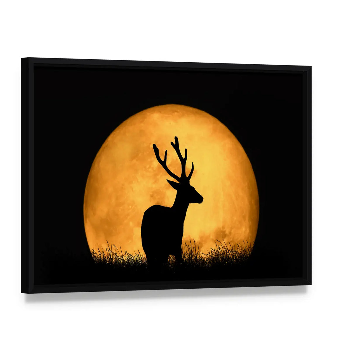 Deer Silhouette With Large Moon Canvas Wall Art, framed canvas in a black floater frame, angled product view