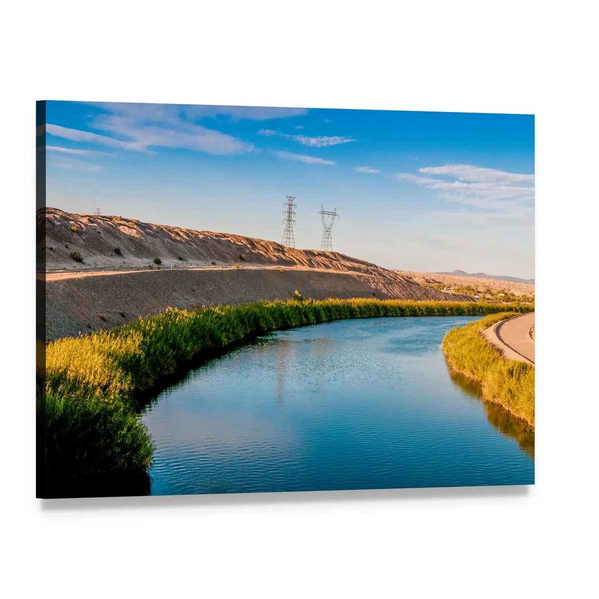 Calm Desert River with Transmission Towers Canvas Wall Art, single panel gallery wrapped canvas, angled product view