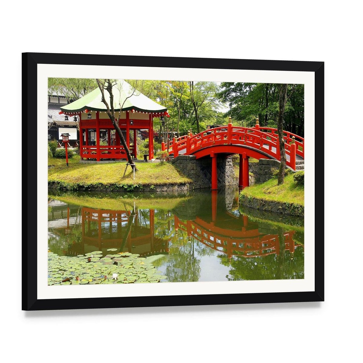 Samurais Village Pond, Japan Canvas Wall Art, framed print with white mat and black frame, angled product view