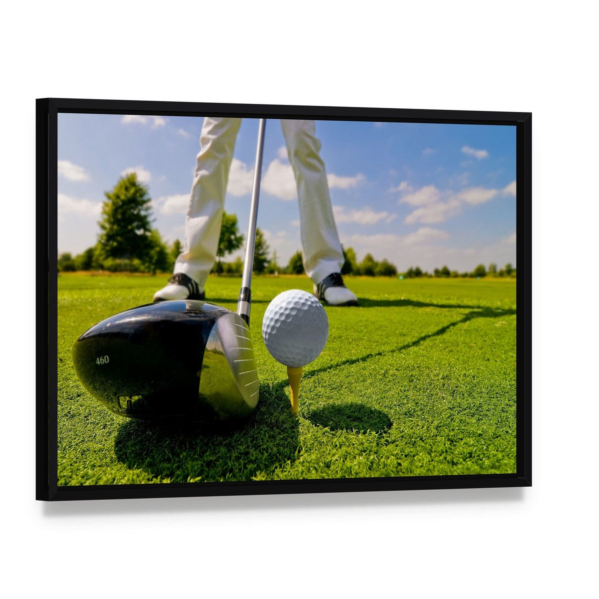 Golf Player Artwork Canvas Wall Art, framed canvas in a black floater frame, angled product view