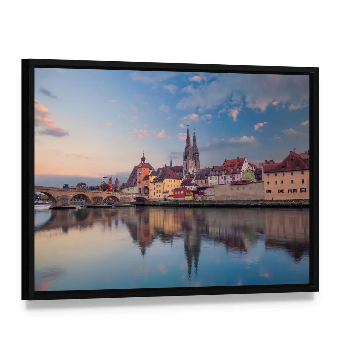 Regensburg Cityscape Canvas Wall Art, framed canvas in a black floater frame, angled product view