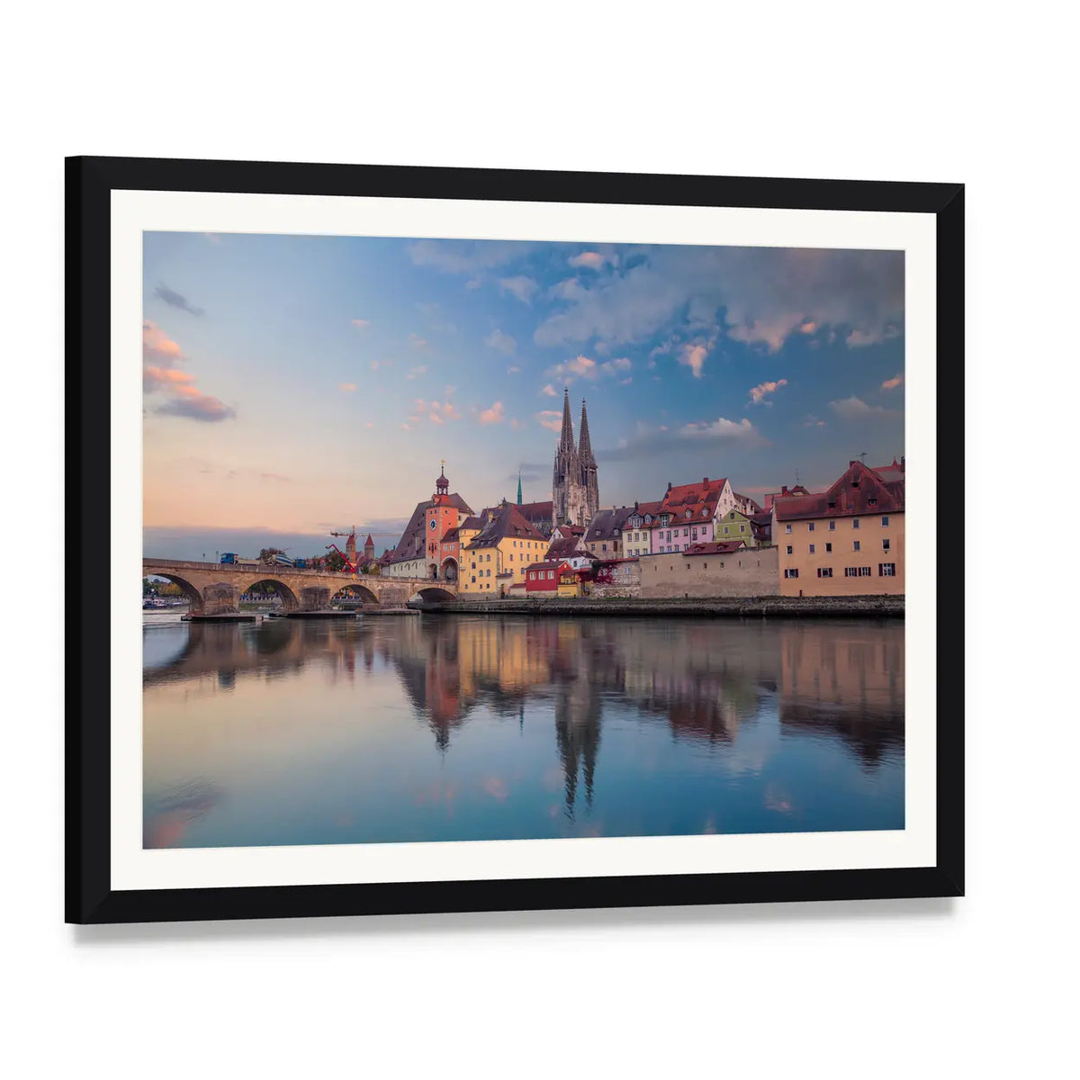 Regensburg Cityscape Canvas Wall Art, framed print with white mat and black frame, angled product view