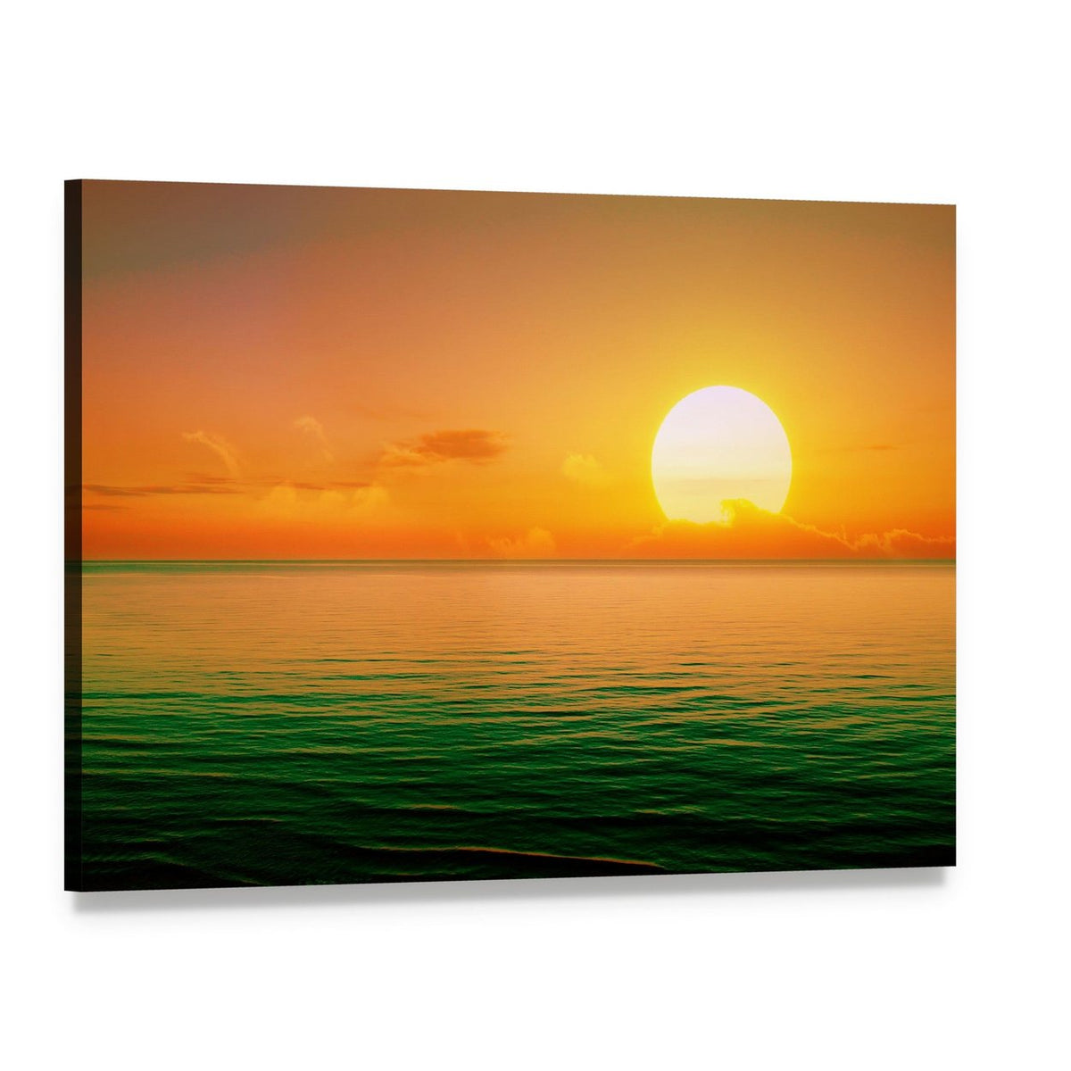 Sunset Over Green Sea Canvas Wall Art, single panel gallery wrapped canvas, angled product view