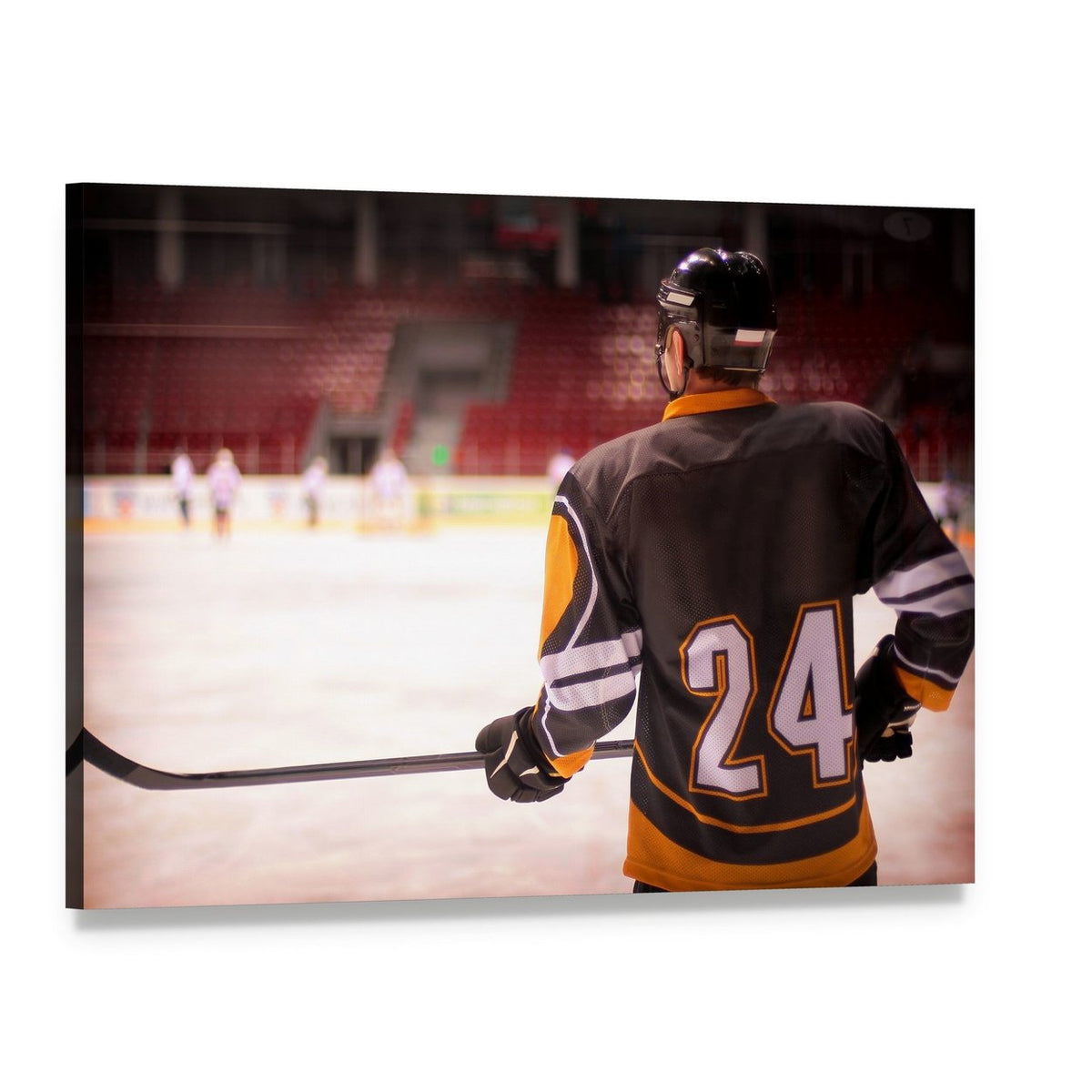 Focused Hockey Player with Stick Canvas Wall Art, single panel gallery wrapped canvas, angled product view
