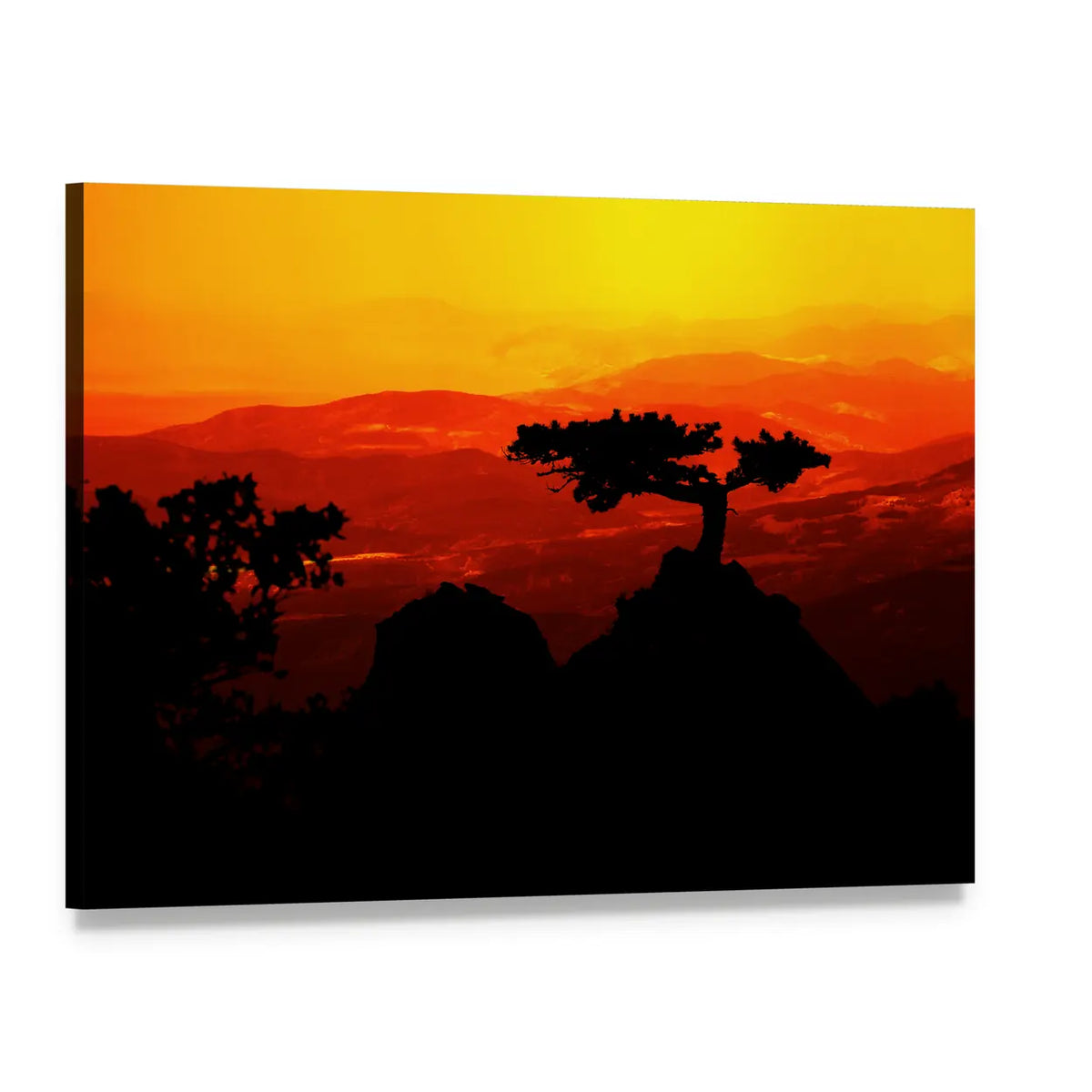 African Jungle Sunset Canvas Wall Art, single panel gallery wrapped canvas, angled product view