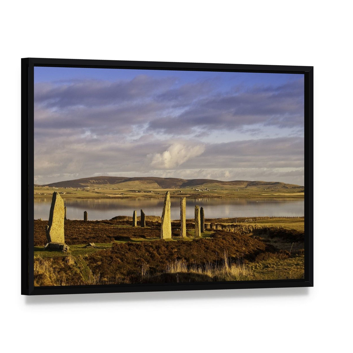 Ring of Brodgar, Orkney Canvas Wall Art, framed canvas in a black floater frame, angled product view
