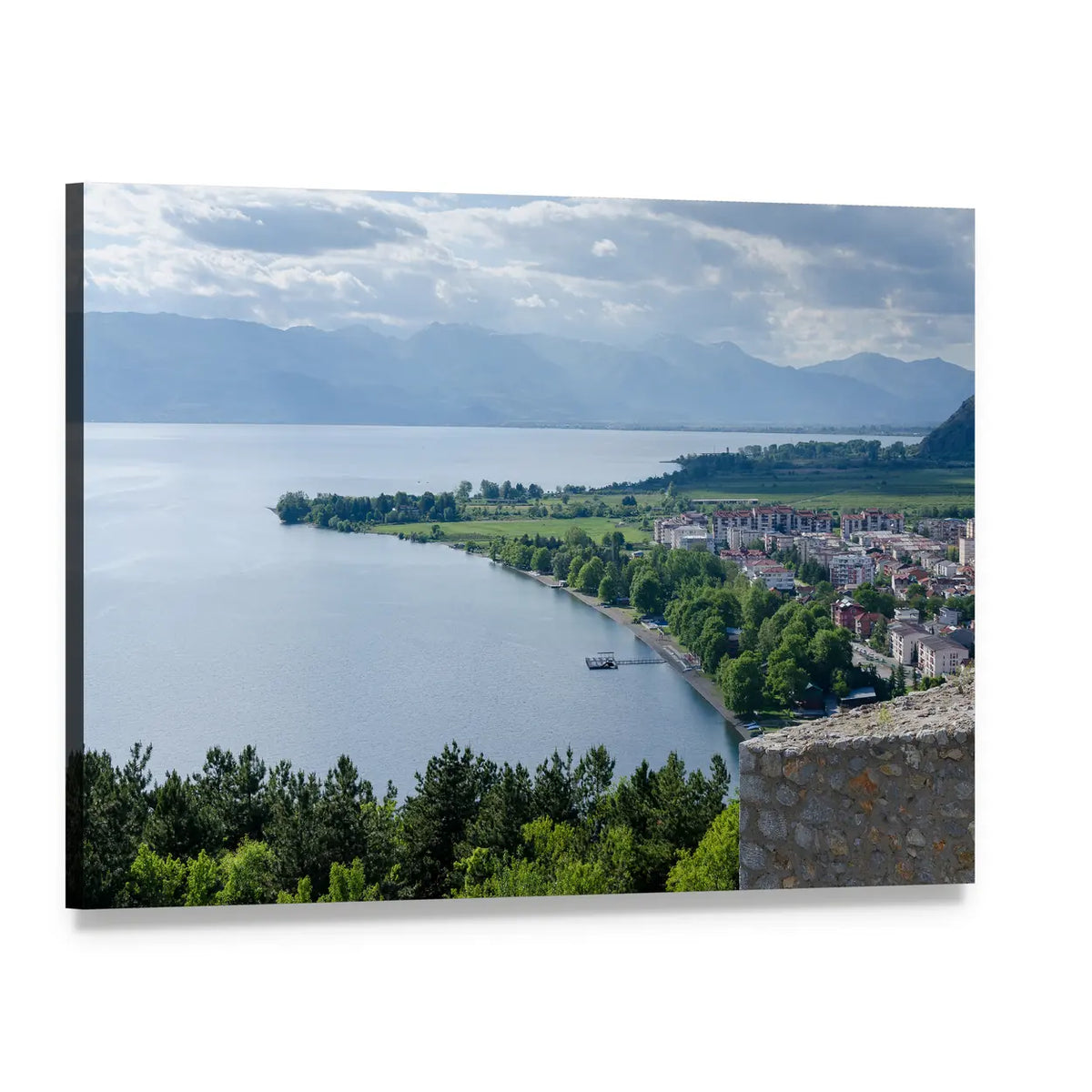 Lake Ohrid Coastline Canvas Wall Art, single panel gallery wrapped canvas, angled product view