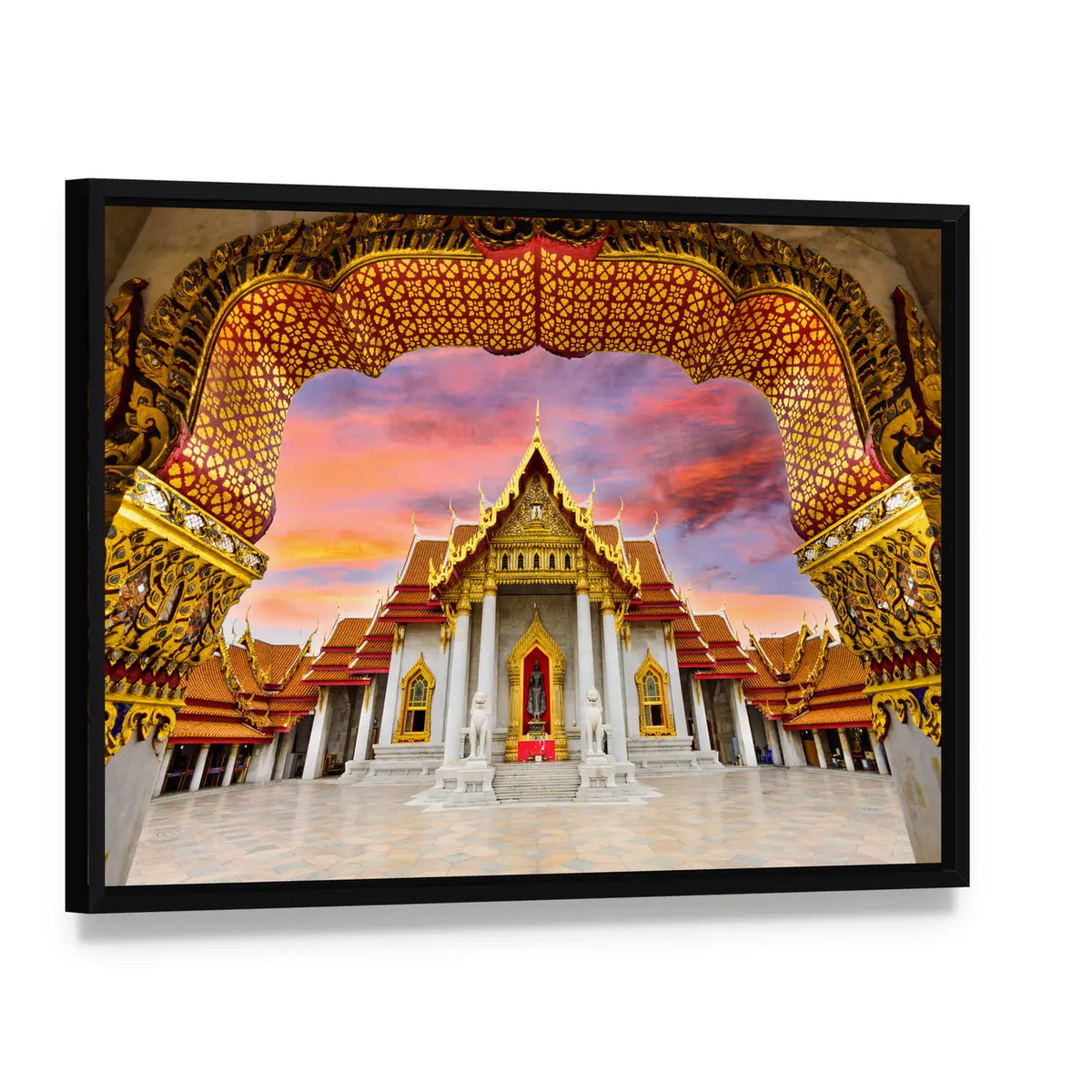 Marble Temple Of Bangkok In Thailand Canvas Wall Art, framed canvas in a black floater frame, angled product view