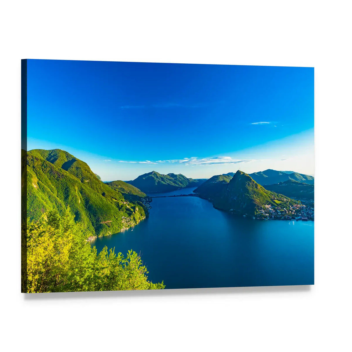 View of Lago Di Lugano Canvas Wall Art, single panel gallery wrapped canvas, angled product view