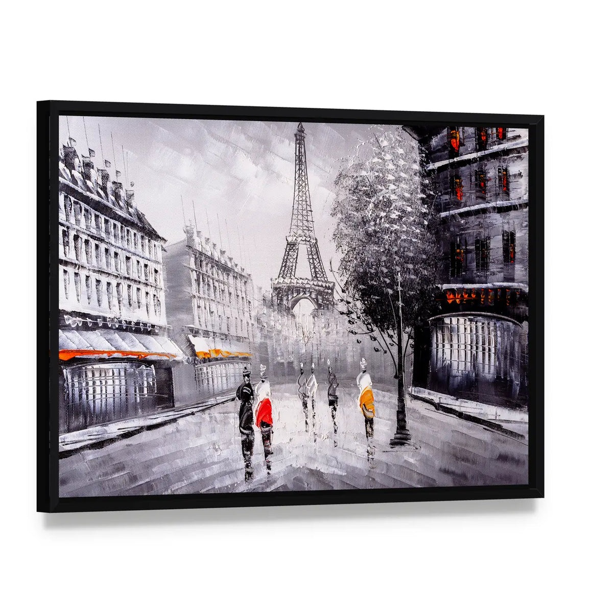Paris Street Leading to the Eiffel Tower Canvas Wall Art, framed canvas in a black floater frame, angled product view