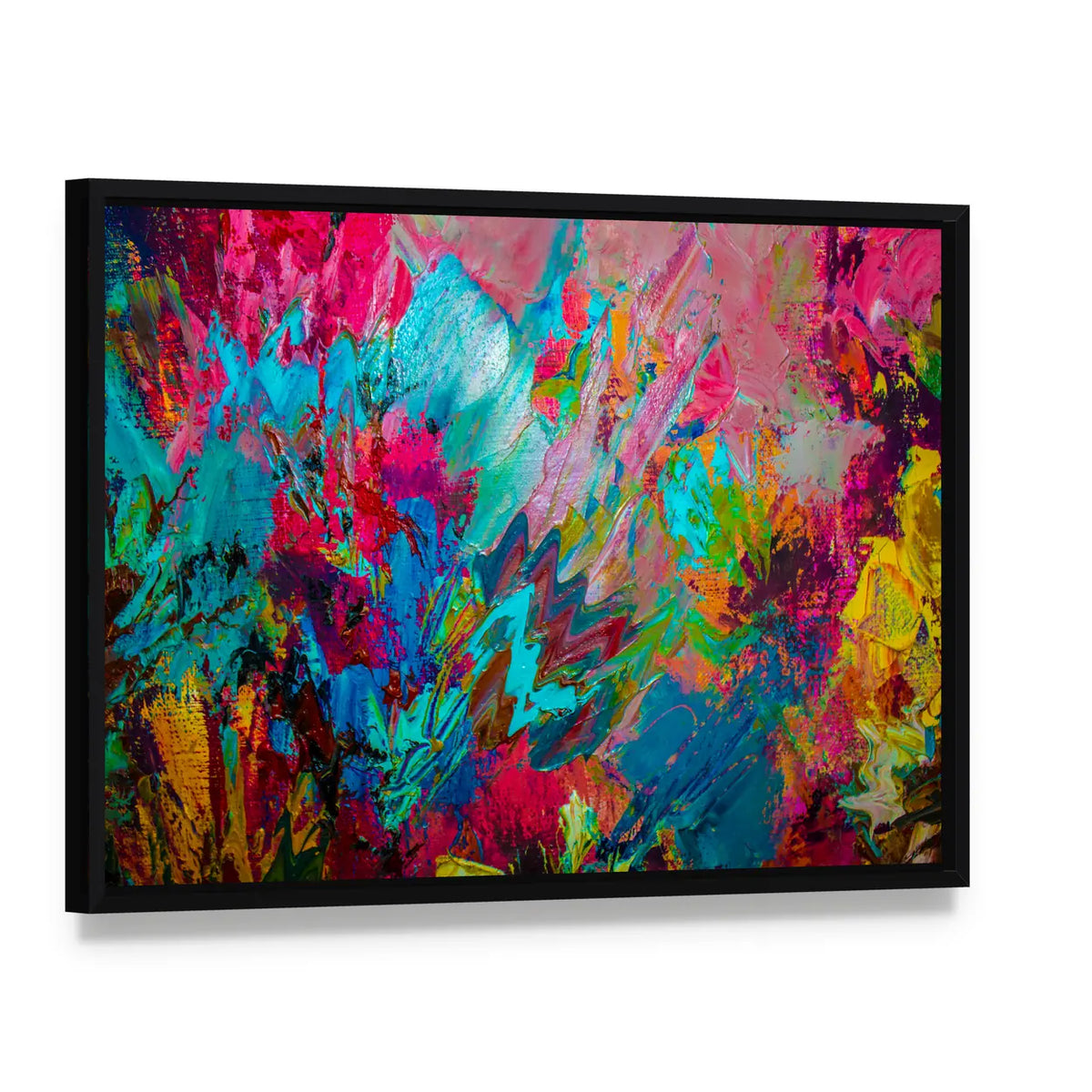 Colorful Brushstrokes Abstract Canvas Wall Art, framed canvas in a black floater frame, angled product view
