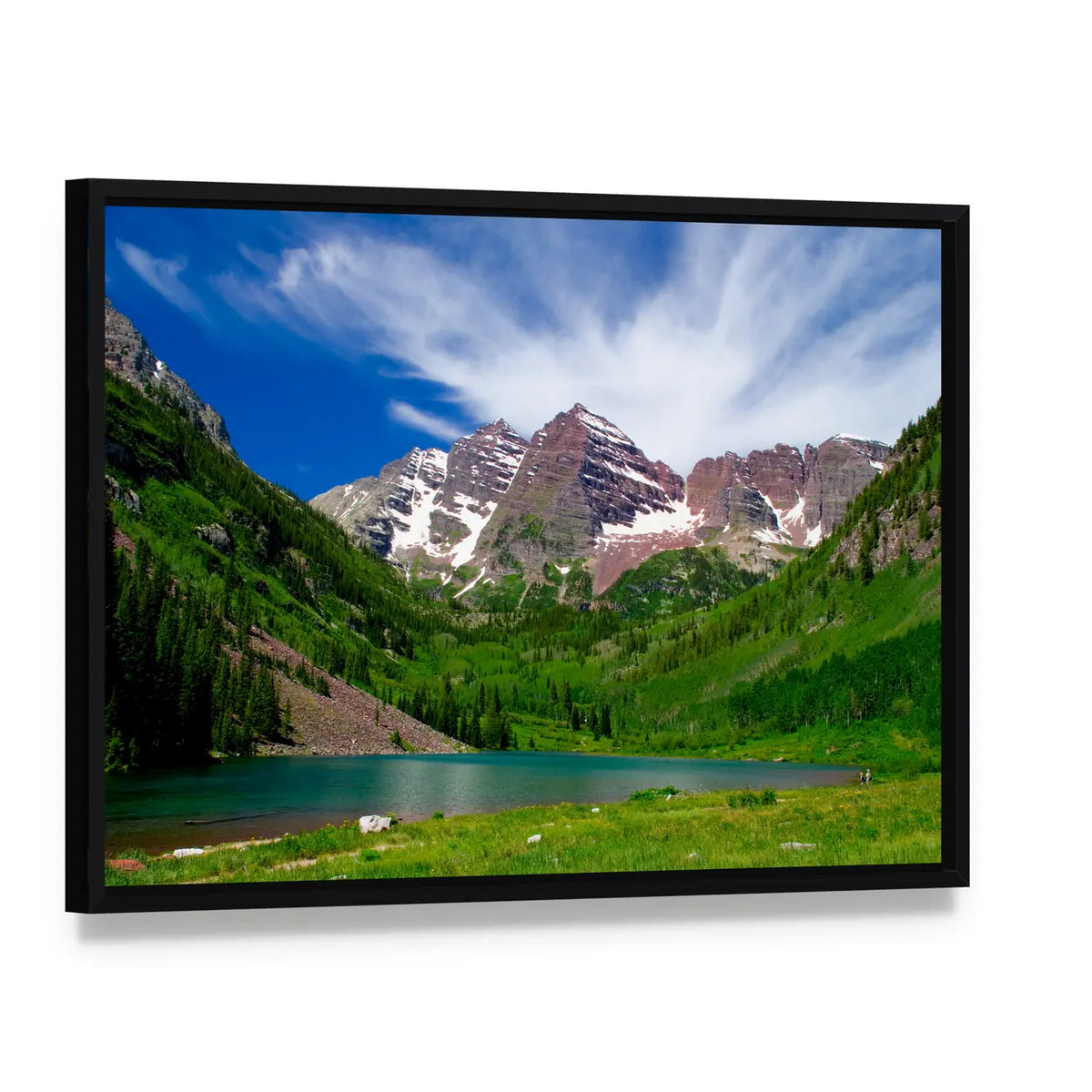 Maroon Bells Alpine Lake and Mountain Peaks Canvas Wall Art, framed canvas in a black floater frame, angled product view