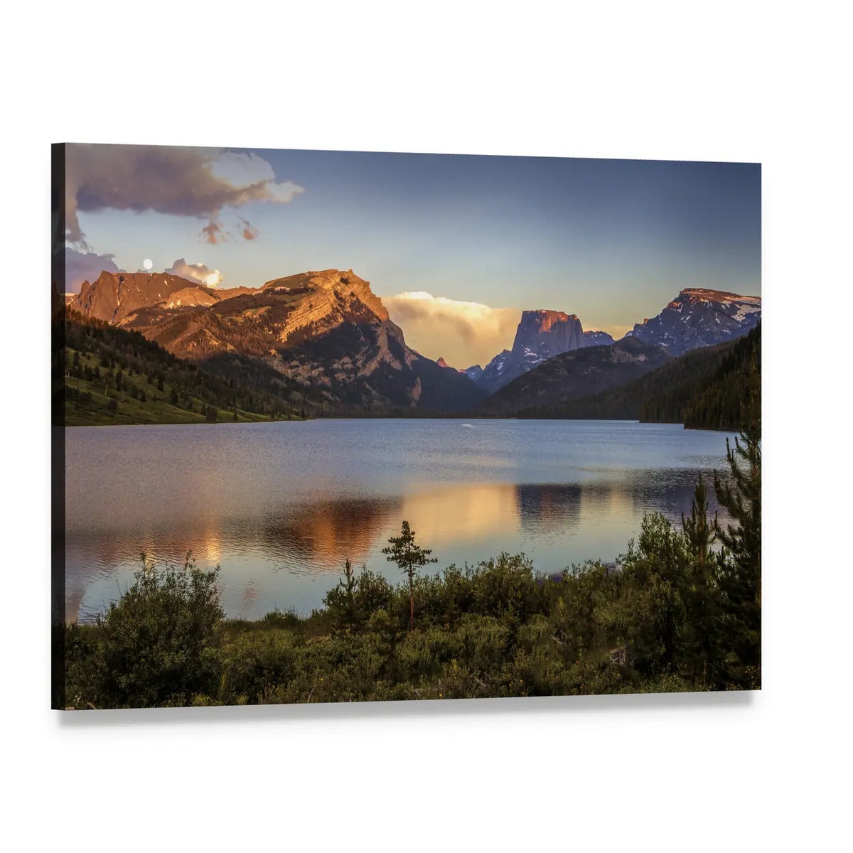 Sunlit Mountain Range Over Calm Lake Canvas Wall Art, single panel gallery wrapped canvas, angled product view
