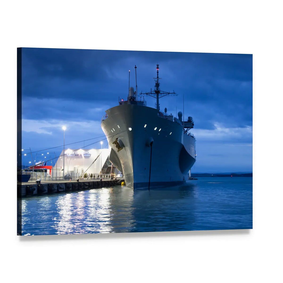 Us Navy Vessel at Night Canvas Wall Art, single panel gallery wrapped canvas, angled product view