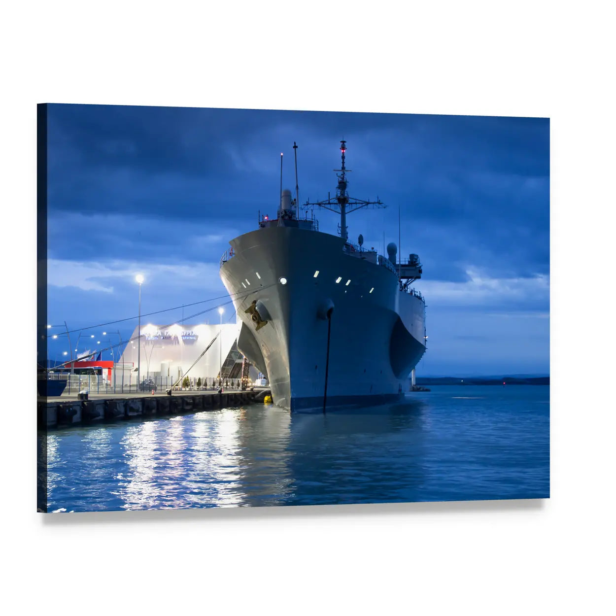 Us Navy Vessel at Night Canvas Wall Art, single panel gallery wrapped canvas, angled product view