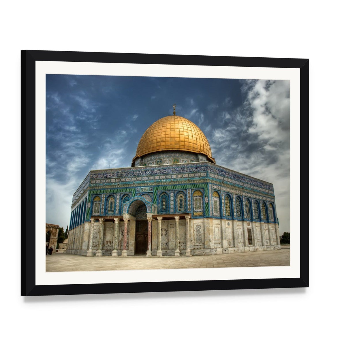 Al Aqsa Mosque in Jerusalem Canvas Wall Art, framed print with white mat and black frame, angled product view