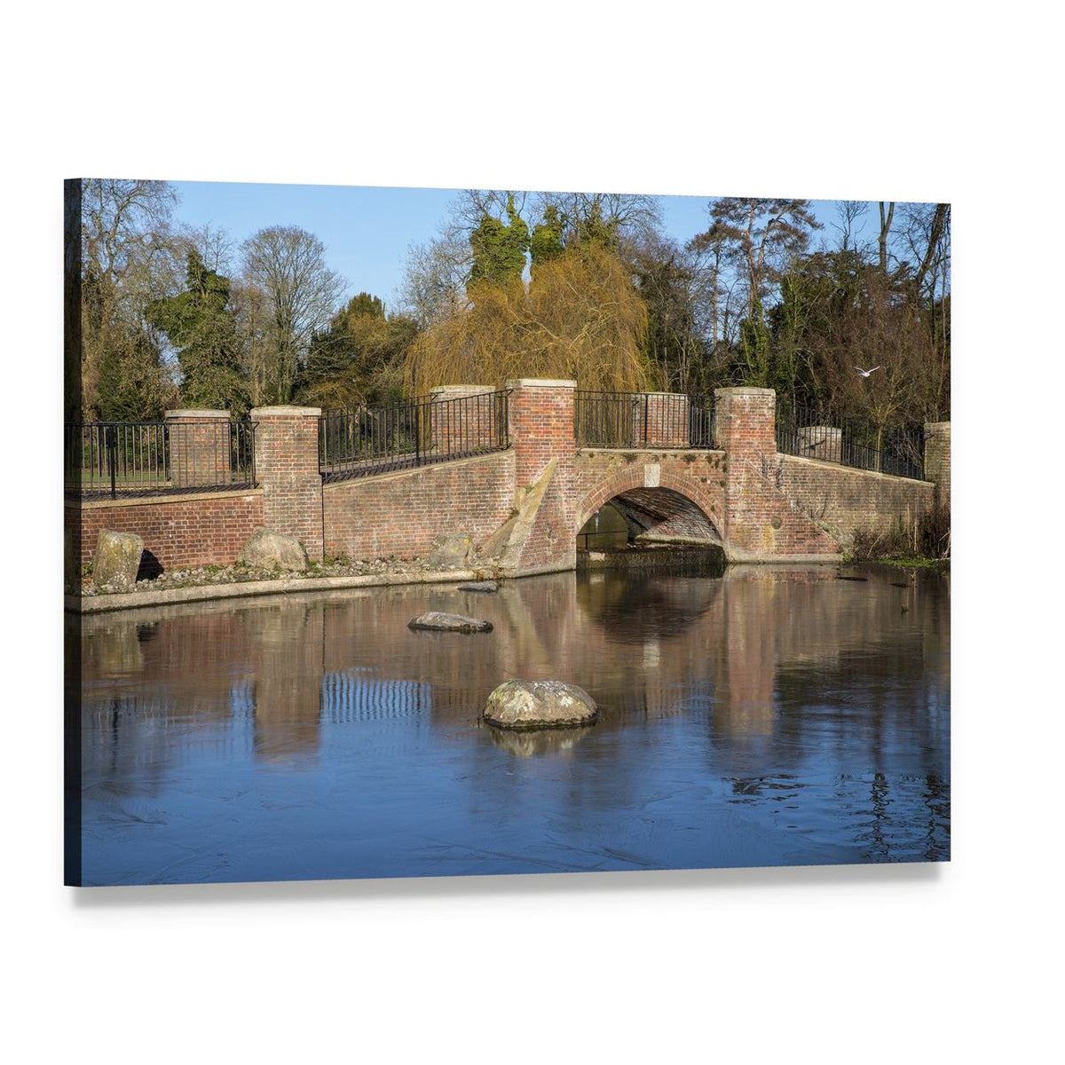 Brick Arch Bridge Over Lake Canvas Wall Art, single panel gallery wrapped canvas, angled product view