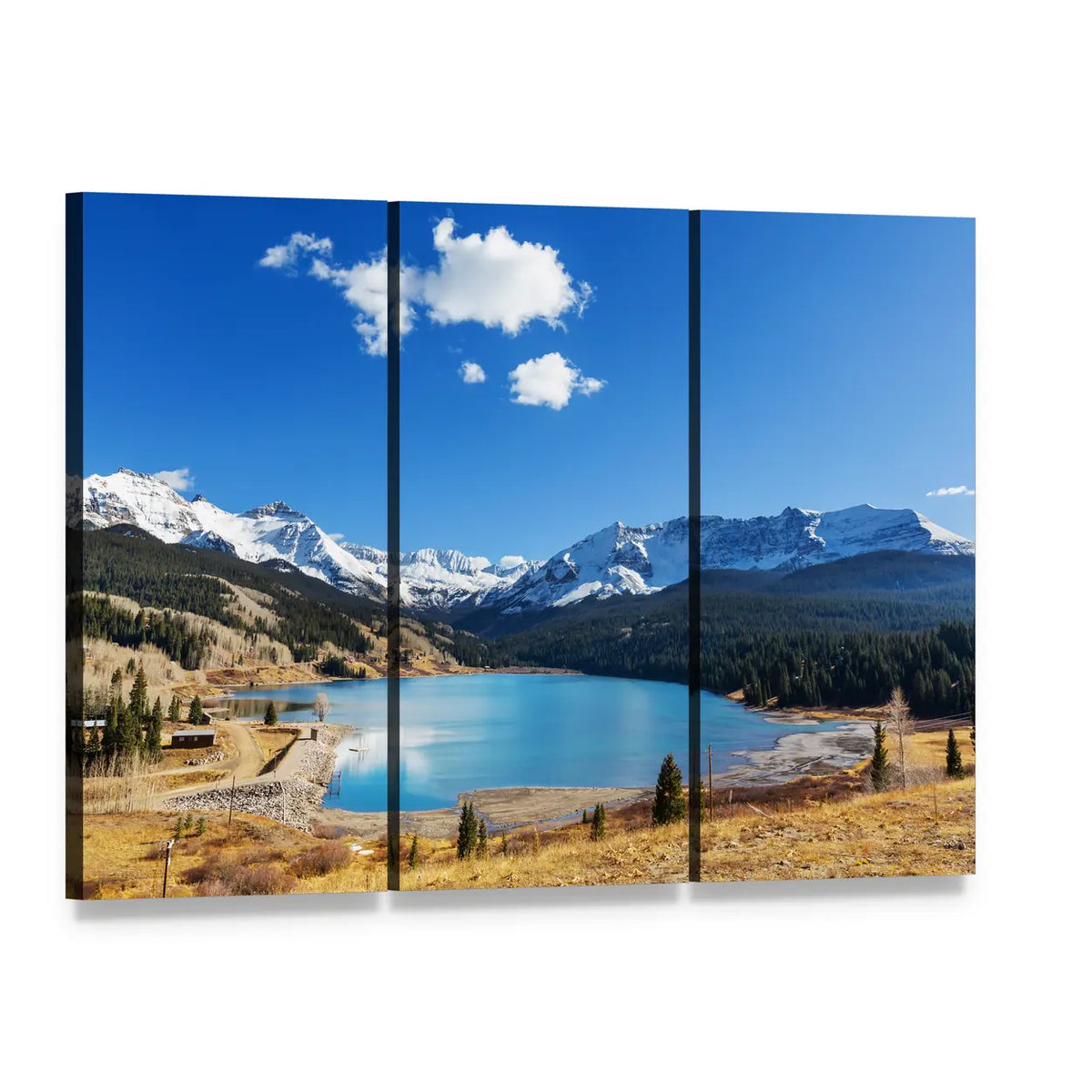 Lake in the Colorado Rockies Canvas Wall Art, 3 panel 3 Horizontal layout gallery wrapped canvas set, angled product view