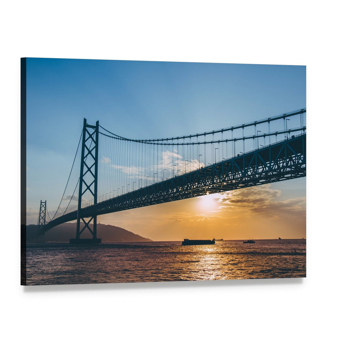Sunset Over Suspension Bridge and Cargo Ships Canvas Wall Art, single panel gallery wrapped canvas, angled product view