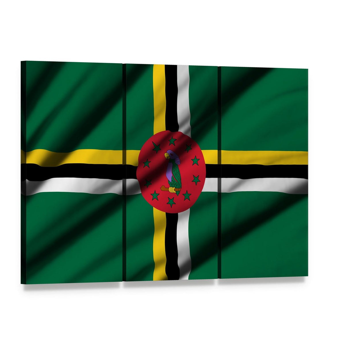 Dominica Flag with Sisserou Parrot Canvas Wall Art, 3 panel 3 Horizontal layout gallery wrapped canvas set, angled product view