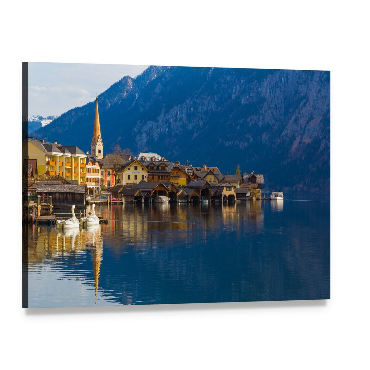 Wooden Houses of Hallstatt on Serene Lake Canvas Wall Art, single panel gallery wrapped canvas, angled product view