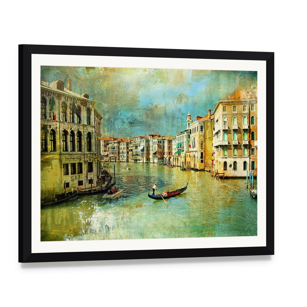 Venice Canal Gondola Painting Canvas Wall Art, framed print with white mat and black frame, angled product view