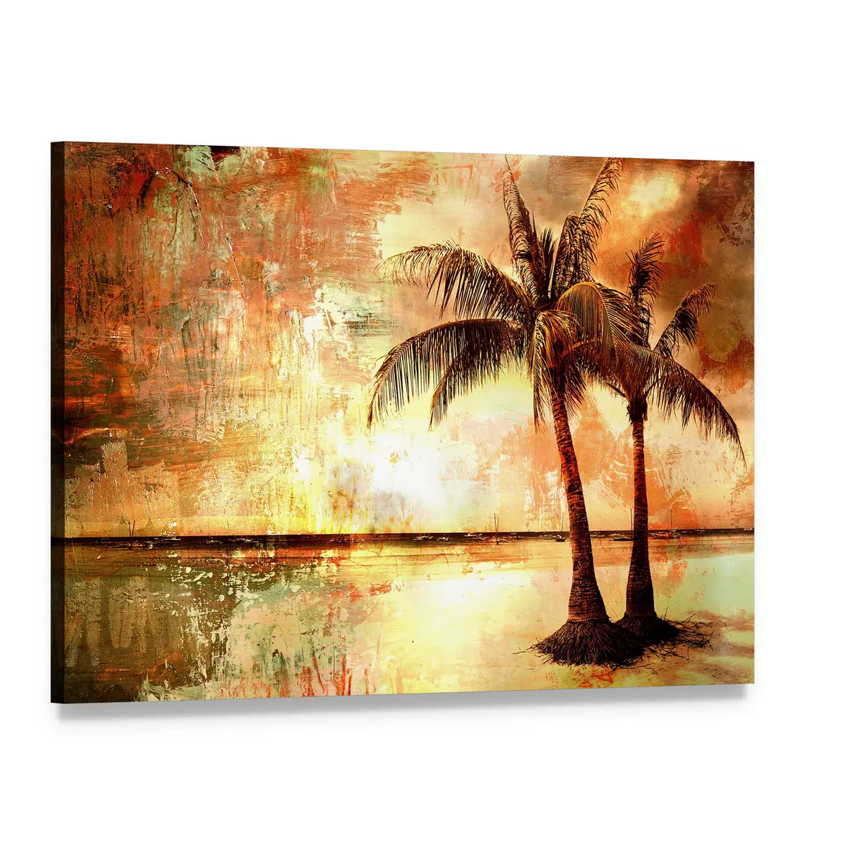 Tropical Sunset with Two Palm Trees Canvas Wall Art, single panel gallery wrapped canvas, angled product view