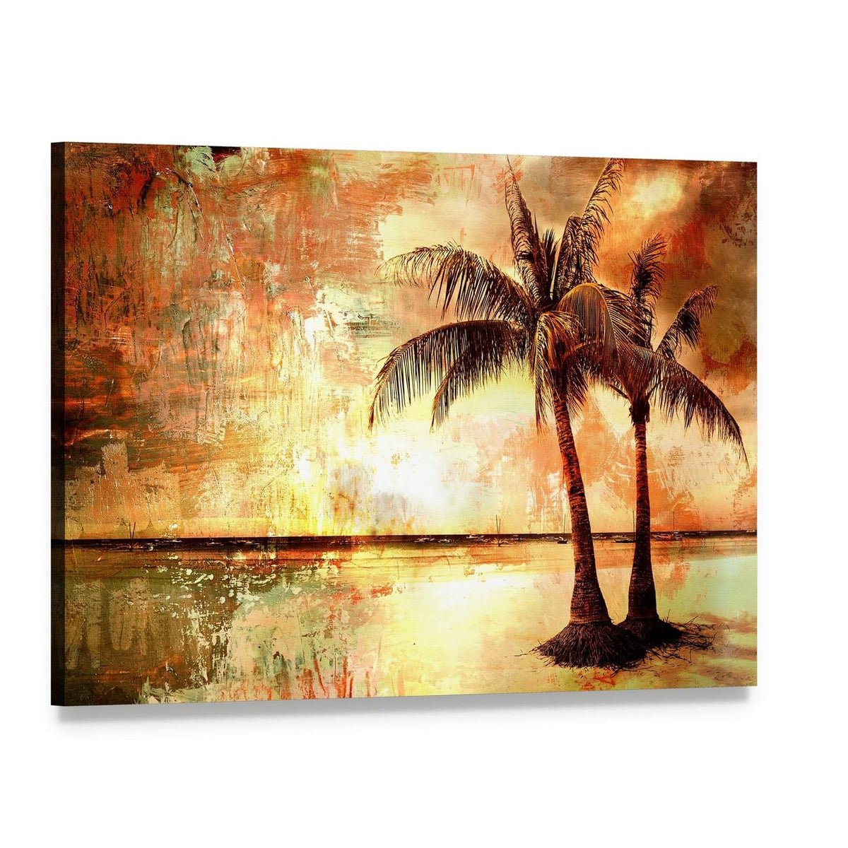 Tropical Sunset with Palm Trees and Reflection Canvas Wall Art, single panel gallery wrapped canvas, angled product view