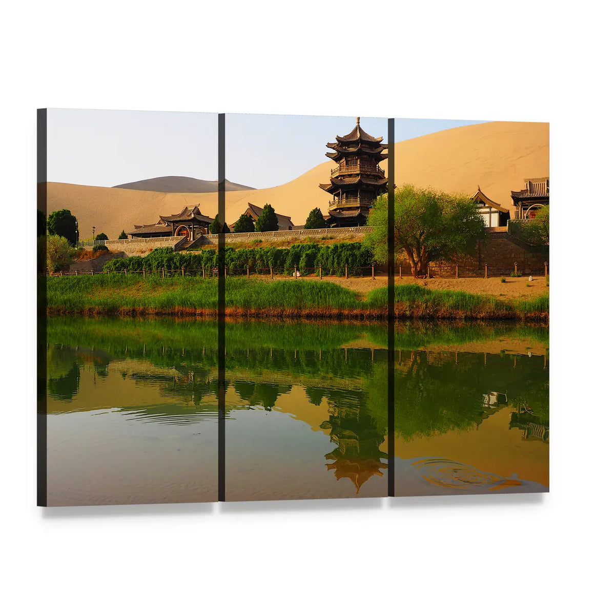 Crescent Lake with Pagoda in China Canvas Wall Art, 3 panel 3 Horizontal layout gallery wrapped canvas set, angled product view