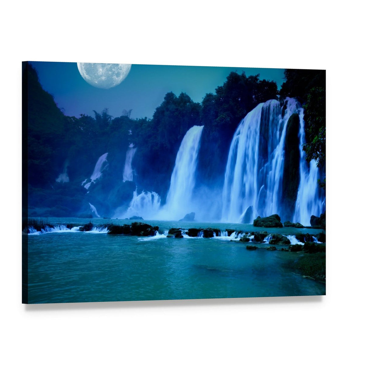 Waterfall Under Moonlight Canvas Wall Art, single panel gallery wrapped canvas, angled product view