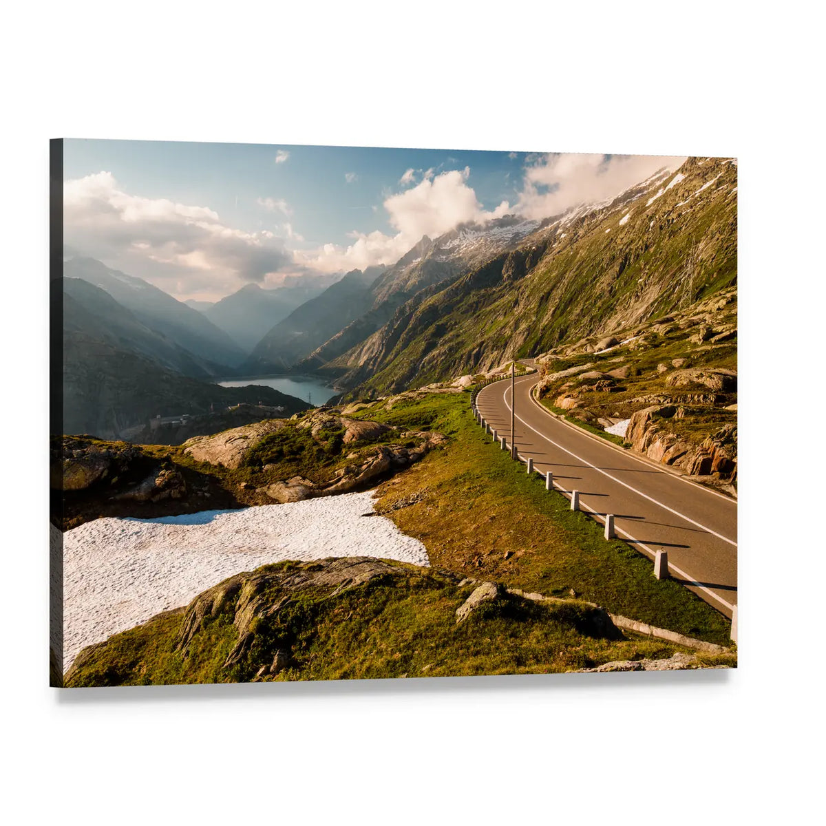 Grimselpass Road by Mountain Lake Canvas Wall Art, single panel gallery wrapped canvas, angled product view