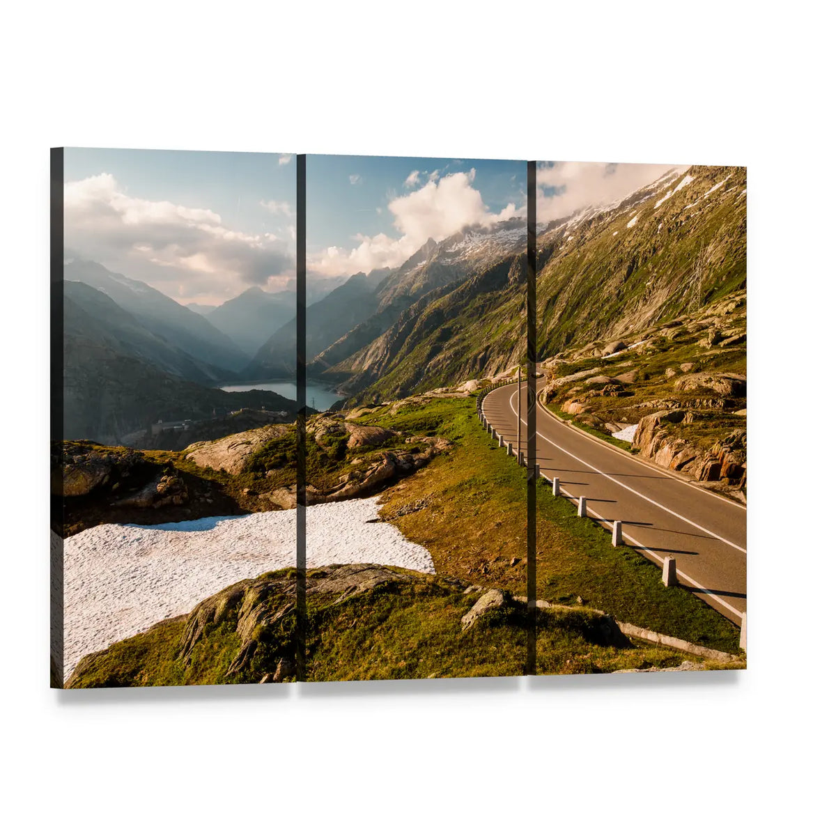 Grimselpass Road by Mountain Lake Canvas Wall Art, 3 panel 3 Horizontal layout gallery wrapped canvas set, angled product view