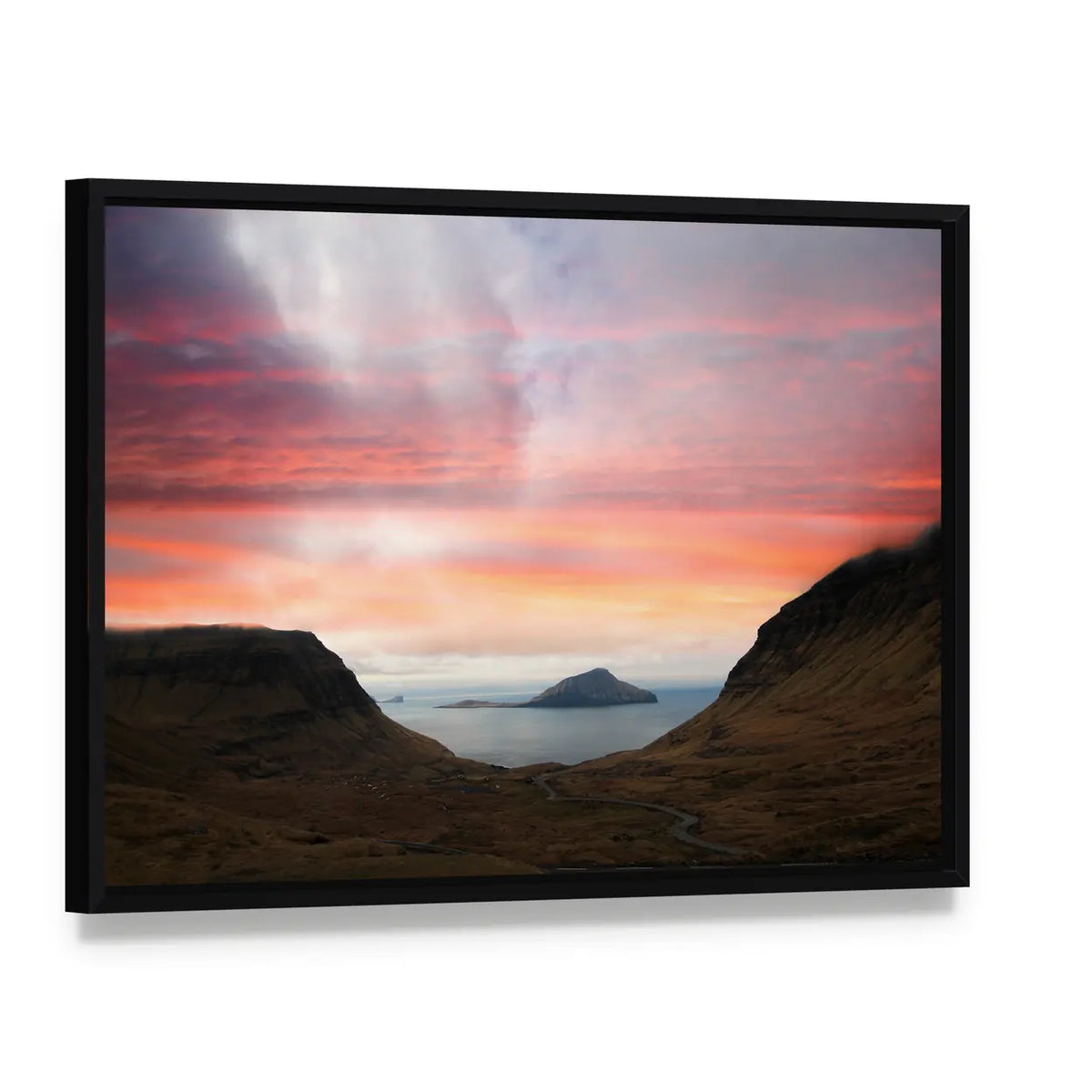 Faroe Islands In The North Atlantic Denmark Canvas Wall Art, framed canvas in a black floater frame, angled product view
