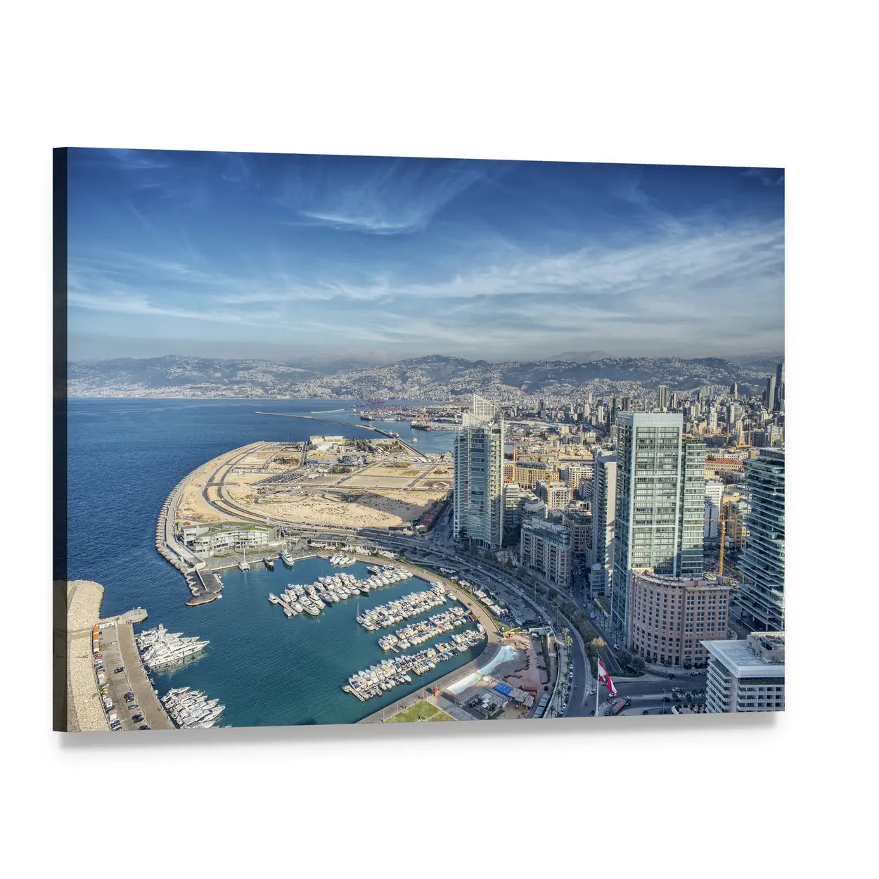 Beirut City Skyline with Harbor Canvas Wall Art, single panel gallery wrapped canvas, angled product view