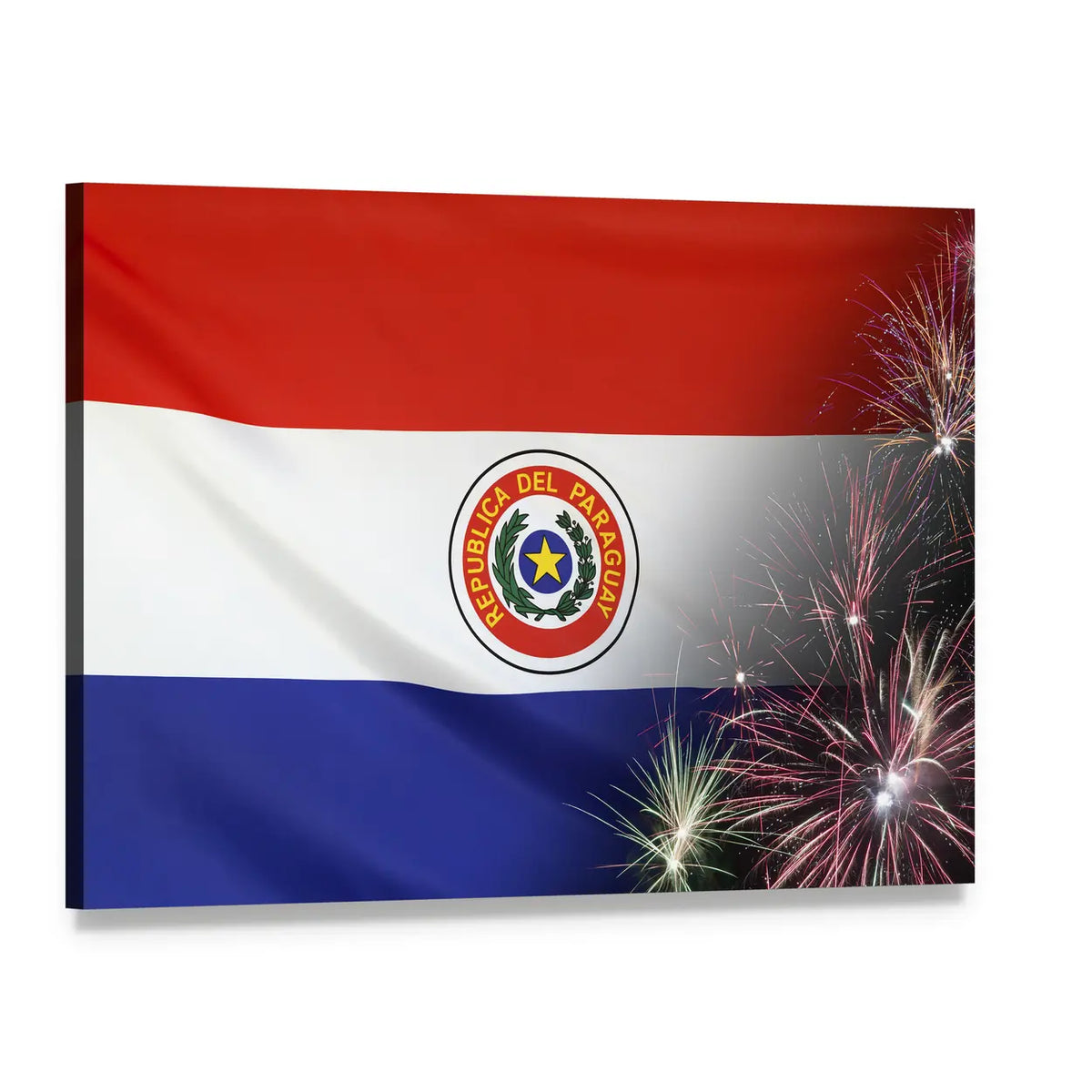 Paraguay Flag with Seal and Fireworks Canvas Wall Art, single panel gallery wrapped canvas, angled product view