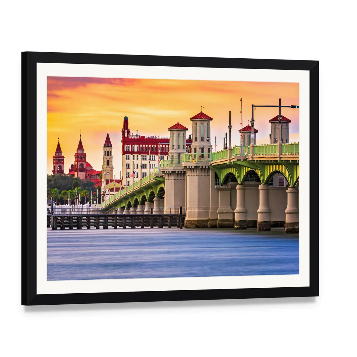 Bridge of Lions at Sunset Canvas Wall Art, framed print with white mat and black frame, angled product view