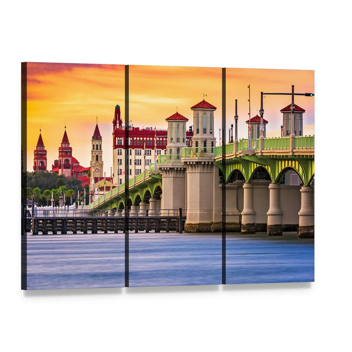 Bridge of Lions at Sunset Canvas Wall Art, 3 panel 3 Horizontal layout gallery wrapped canvas set, angled product view