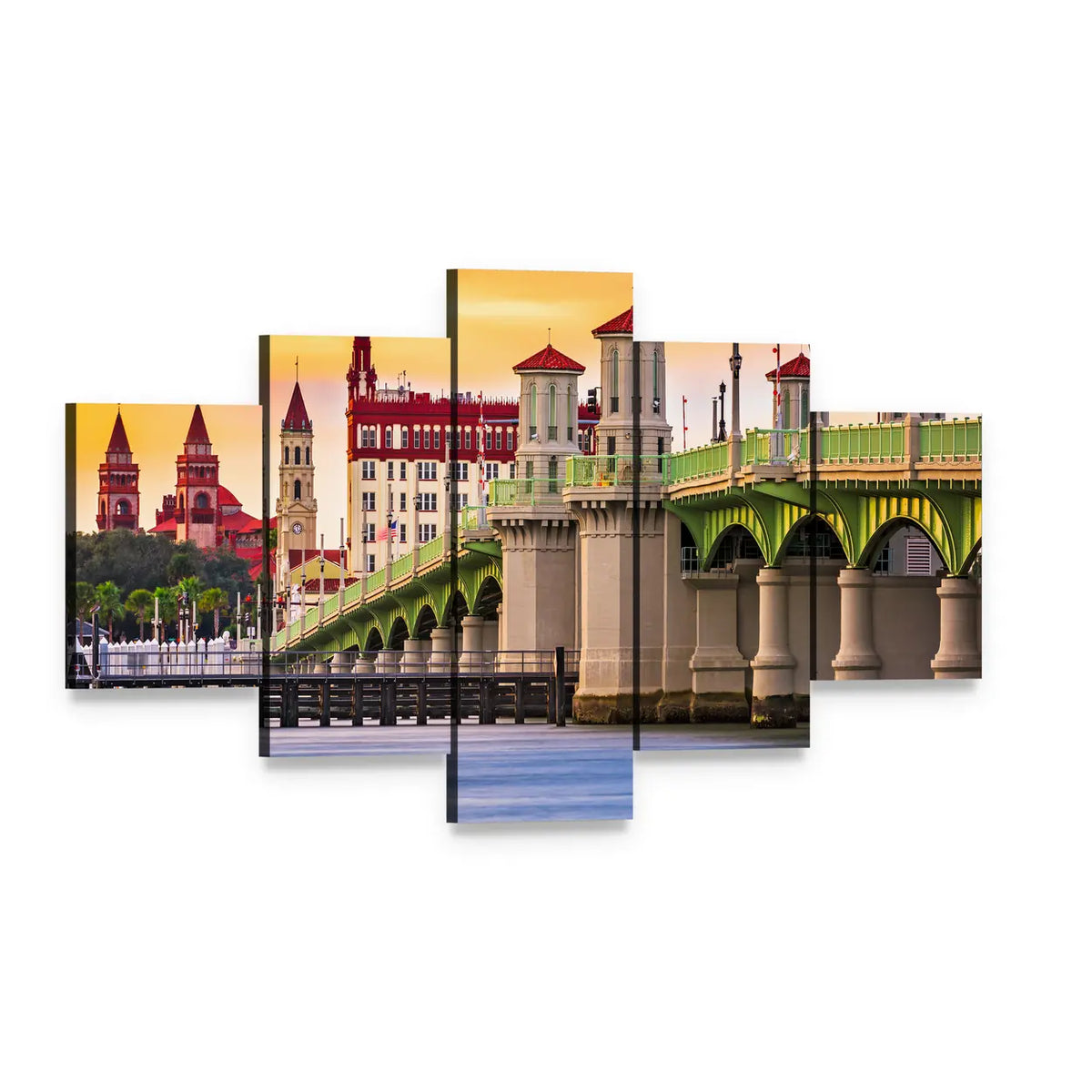 Bridge of Lions at Sunset Canvas Wall Art, 5 panel 5 Star layout gallery wrapped canvas set, angled product view