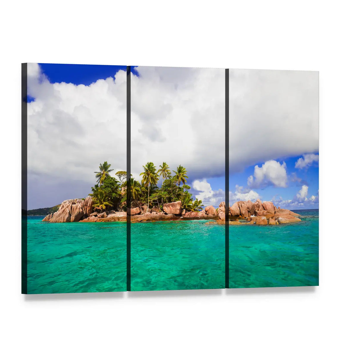 Tropical Island in Seychelles Canvas Wall Art, 3 panel 3 Horizontal layout gallery wrapped canvas set, angled product view