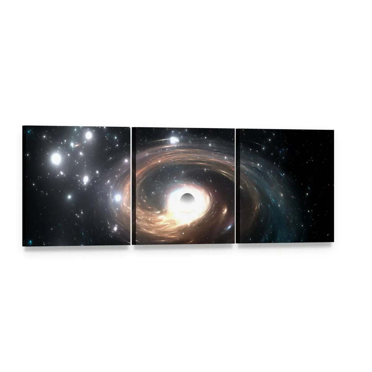 Black Hole in Deep Space Panoramic Canvas Wall Art, 3 panel 3 Piece layout gallery wrapped canvas set, angled product view