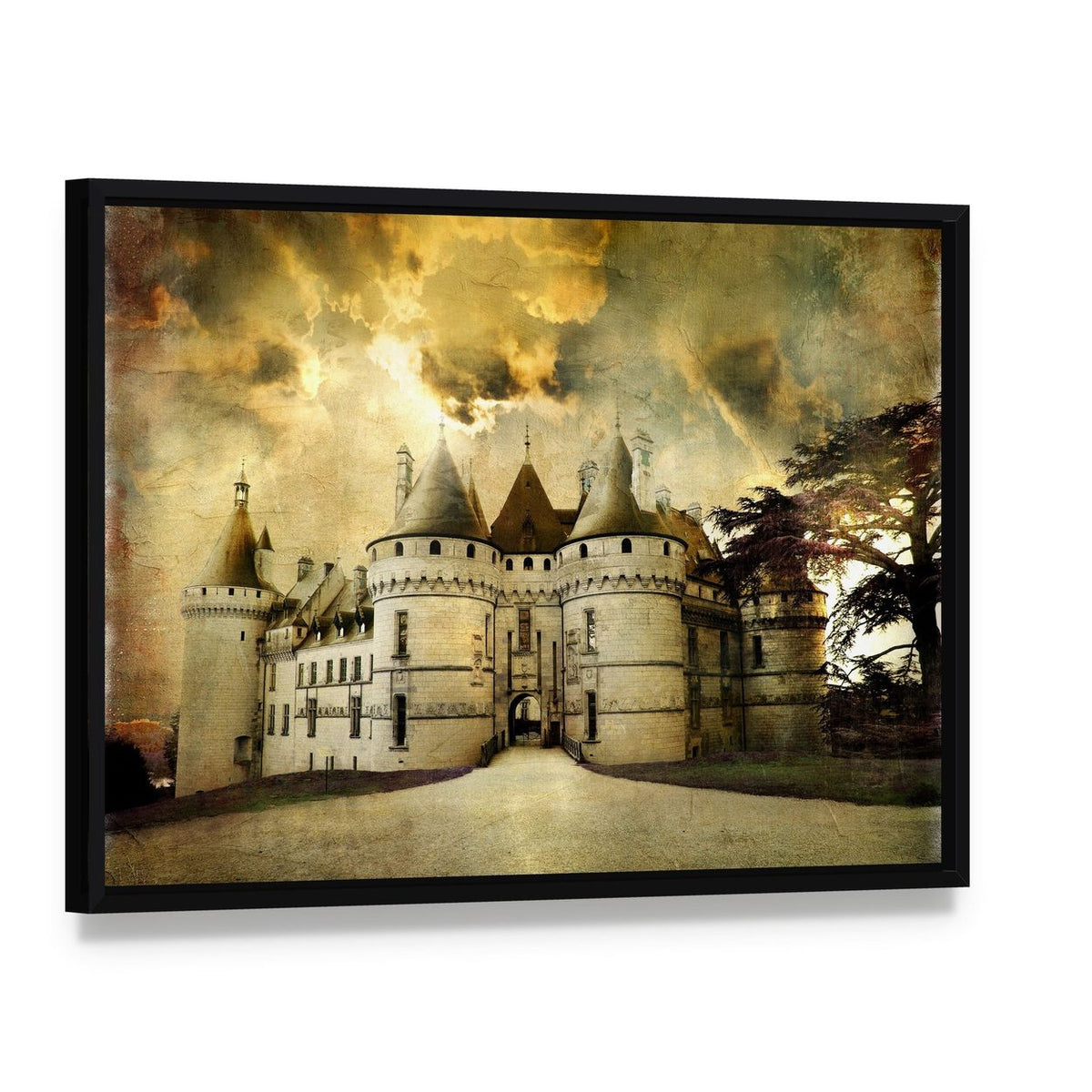 Chaumont Castle Canvas Wall Art, framed canvas in a black floater frame, angled product view
