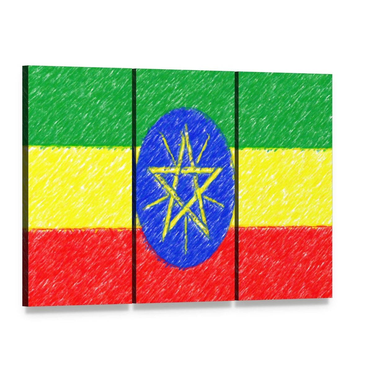 Sketched Ethiopian Flag with Emblem Canvas Wall Art, 3 panel 3 Horizontal layout gallery wrapped canvas set, angled product view
