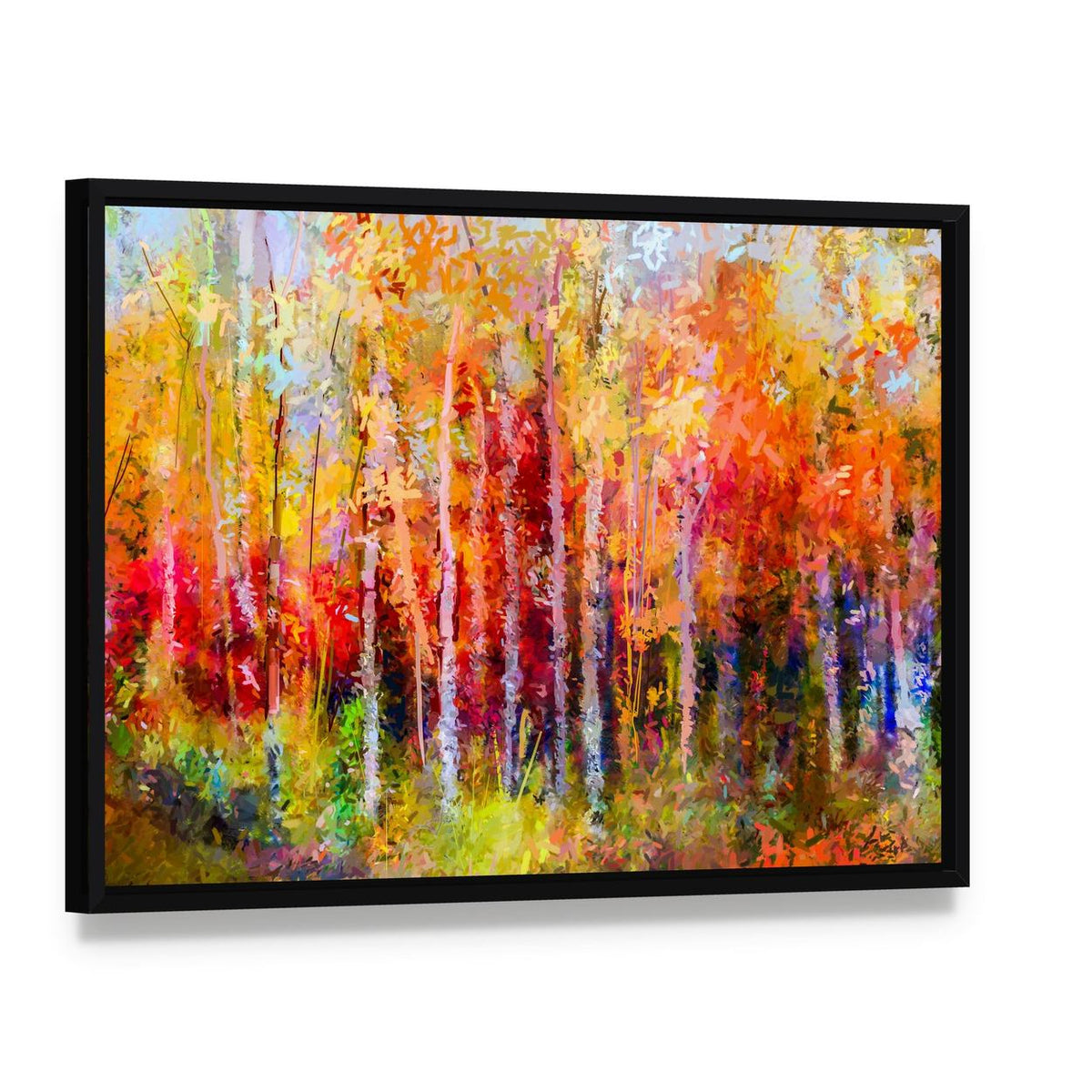 Semi Abstract Forest Painting Canvas Wall Art, framed canvas in a black floater frame, angled product view