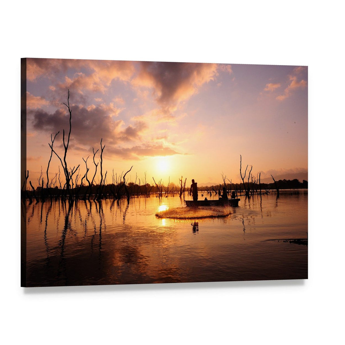 Fisherman Silhouette Casting a Net Canvas Wall Art, single panel gallery wrapped canvas, angled product view