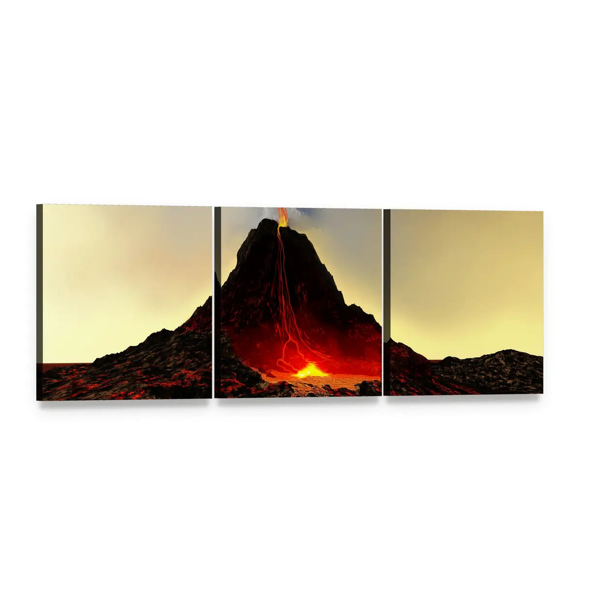 Volcano with Hot Red Lava Panoramic Canvas Wall Art, 3 panel 3 Piece layout gallery wrapped canvas set, angled product view