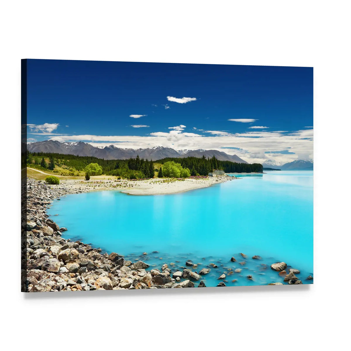 Pukaki Lake Turquoise Waters Canvas Wall Art, single panel gallery wrapped canvas, angled product view
