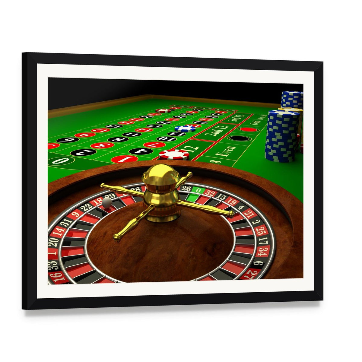 Casino Roulette Canvas Wall Art, framed print with white mat and black frame, angled product view