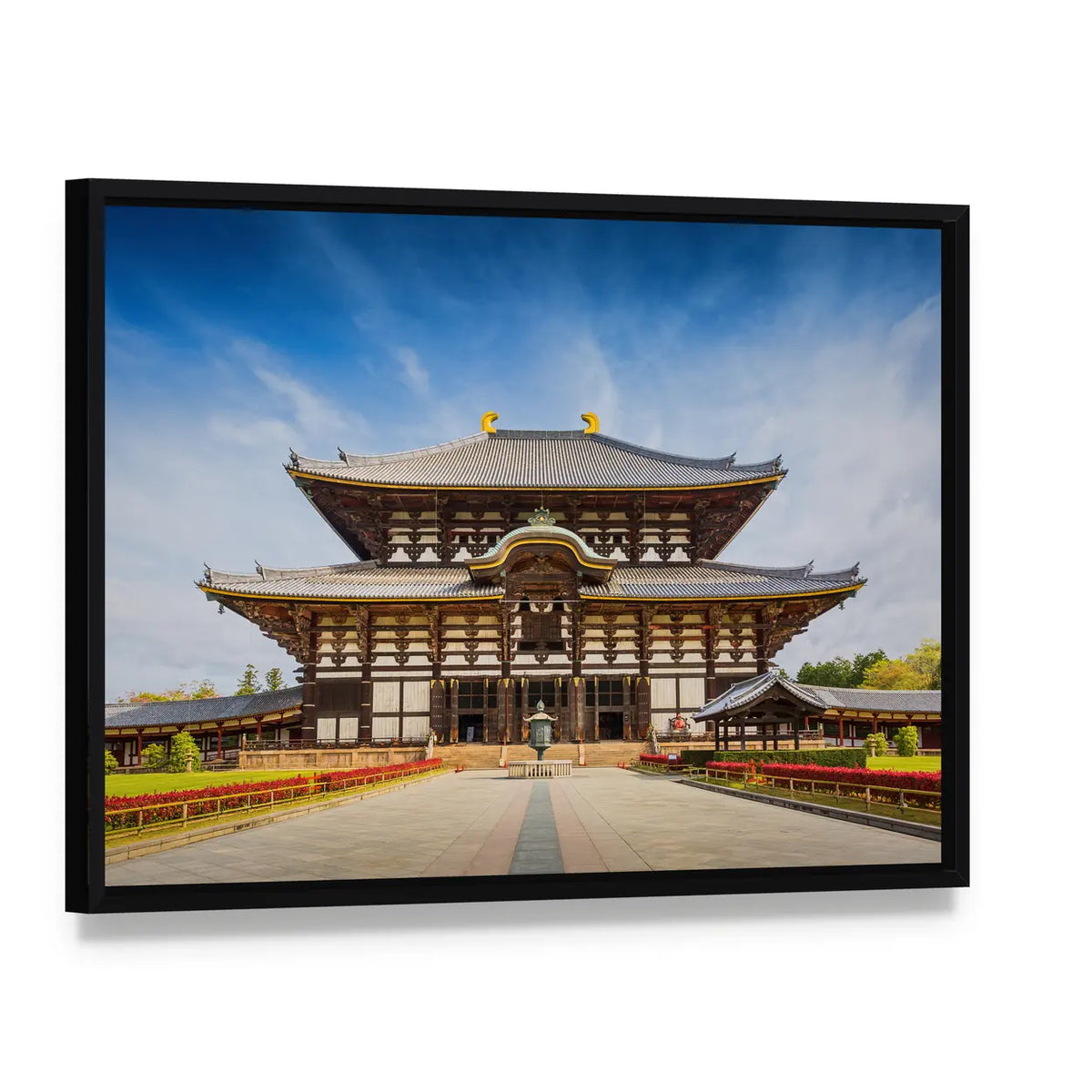 Todaiji Great Buddha Hall, Nara Canvas Wall Art, framed canvas in a black floater frame, angled product view