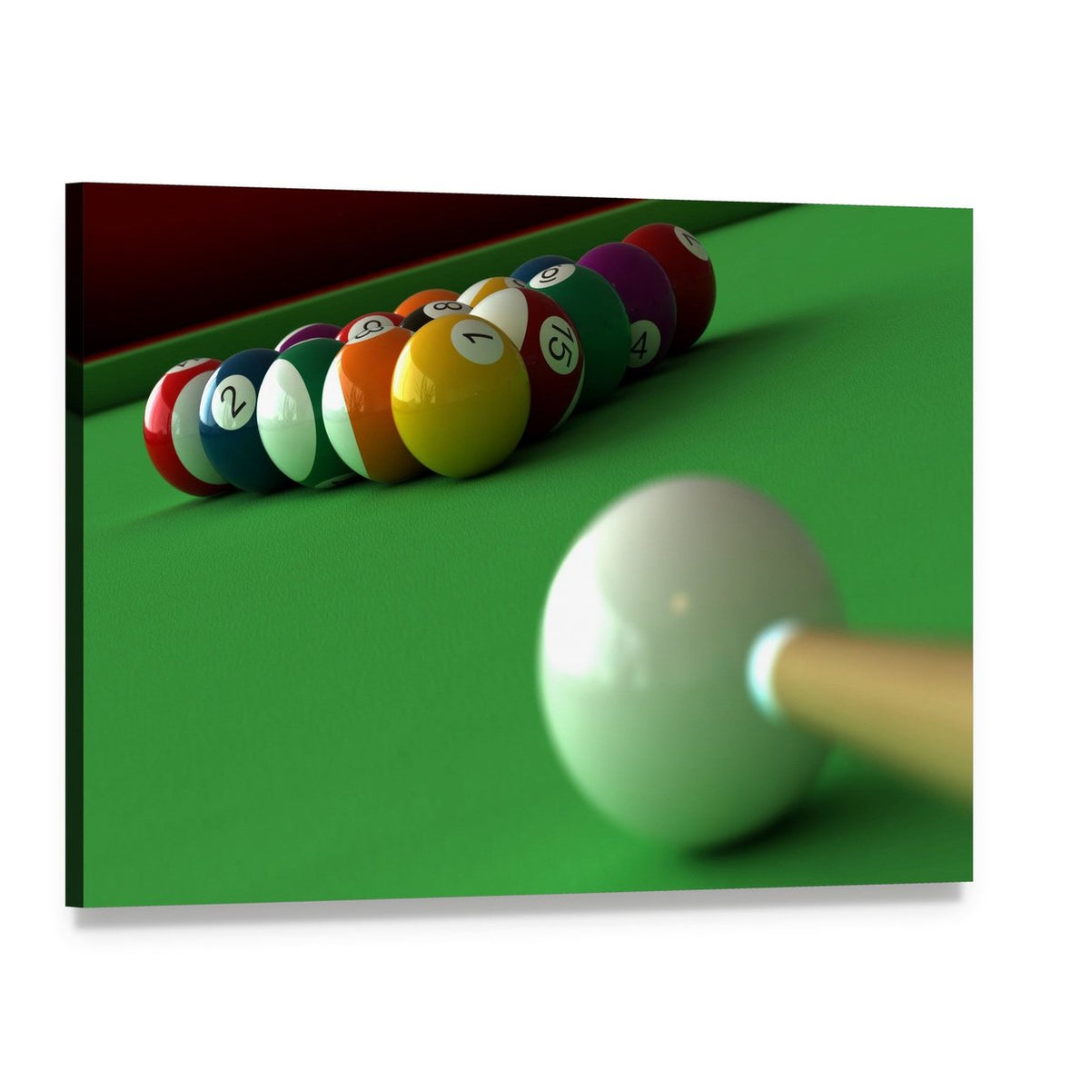Billiard Balls and Table Canvas Wall Art, single panel gallery wrapped canvas, angled product view