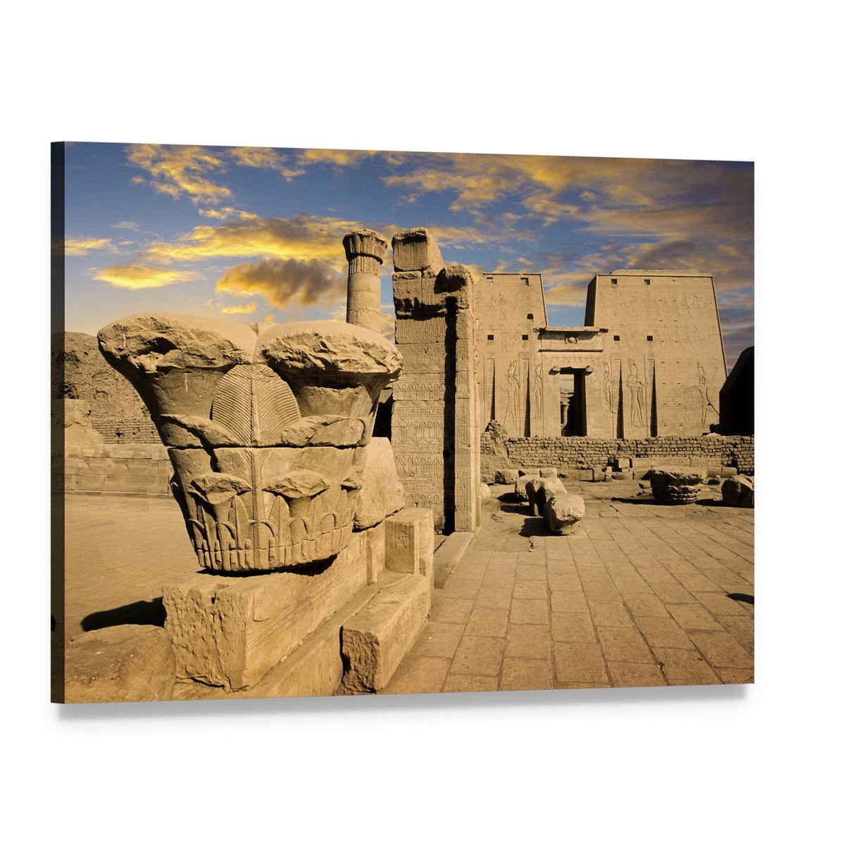Ancient Egyptian Temple Ruins at Sunset Canvas Wall Art, single panel gallery wrapped canvas, angled product view